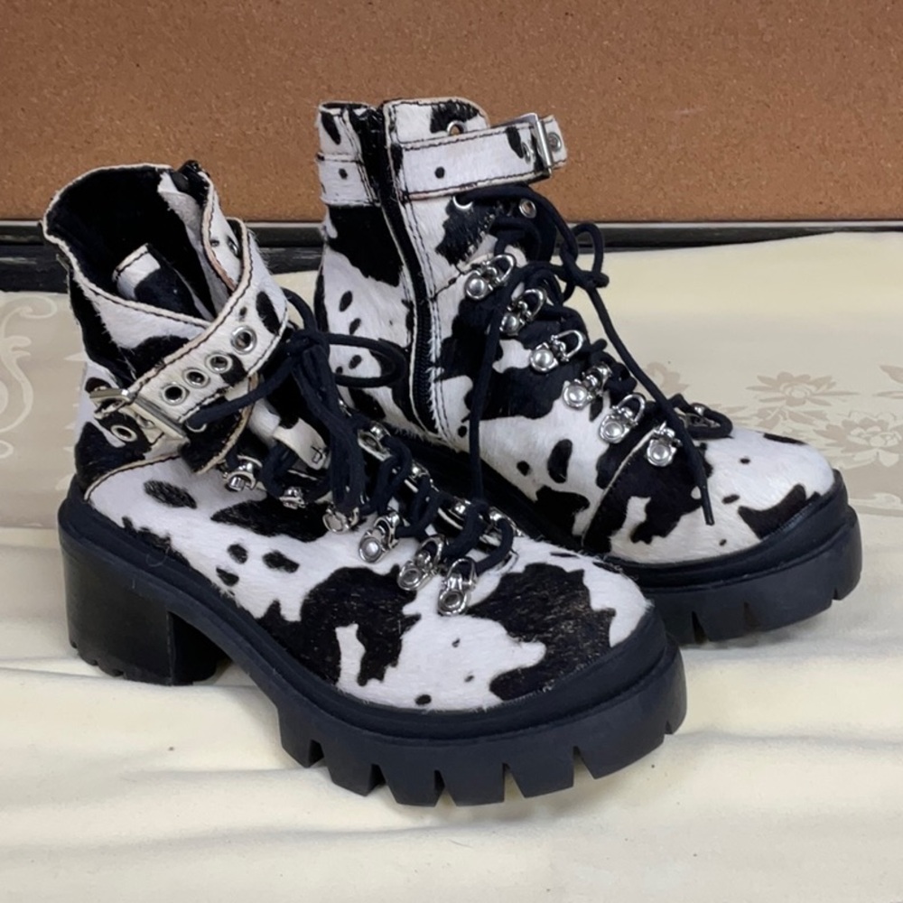 Jeffrey Campbell Black & White Cow-Print Lace-Up Ankle Boots